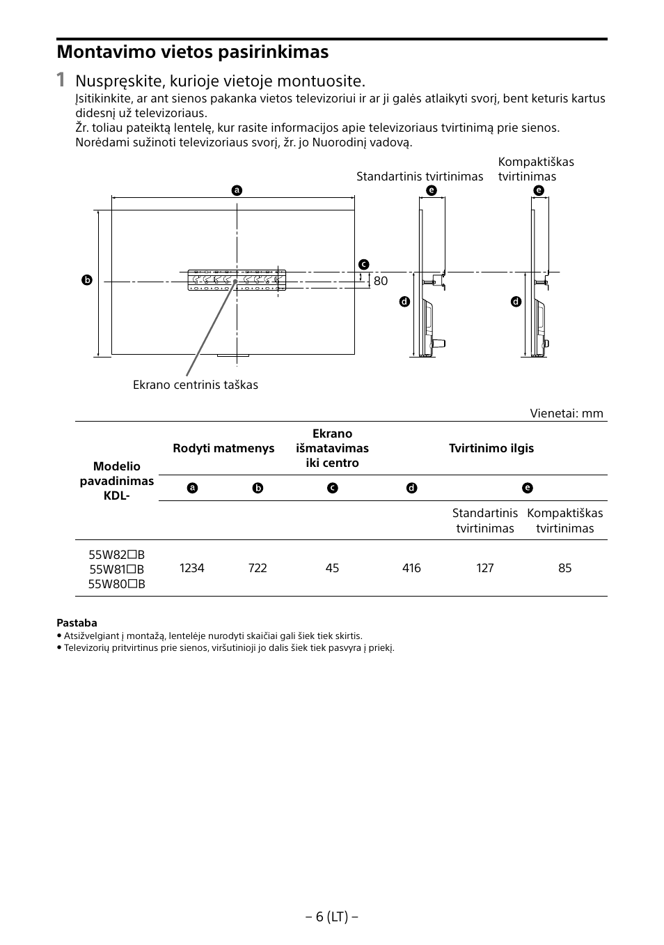 Montavimo vietos pasirinkimas, Nuspręskite, kurioje vietoje montuosite | Sony KDL-55W805B User Manual | Page 260 / 321