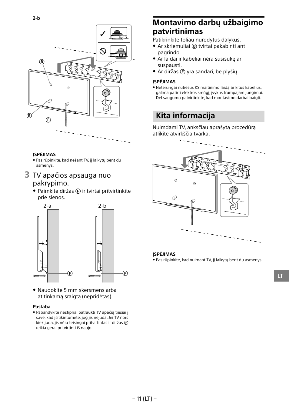 Montavimo darbų užbaigimo patvirtinimas, Kita informacija, Tv apačios apsauga nuo pakrypimo | Sony KDL-55W805B User Manual | Page 265 / 321