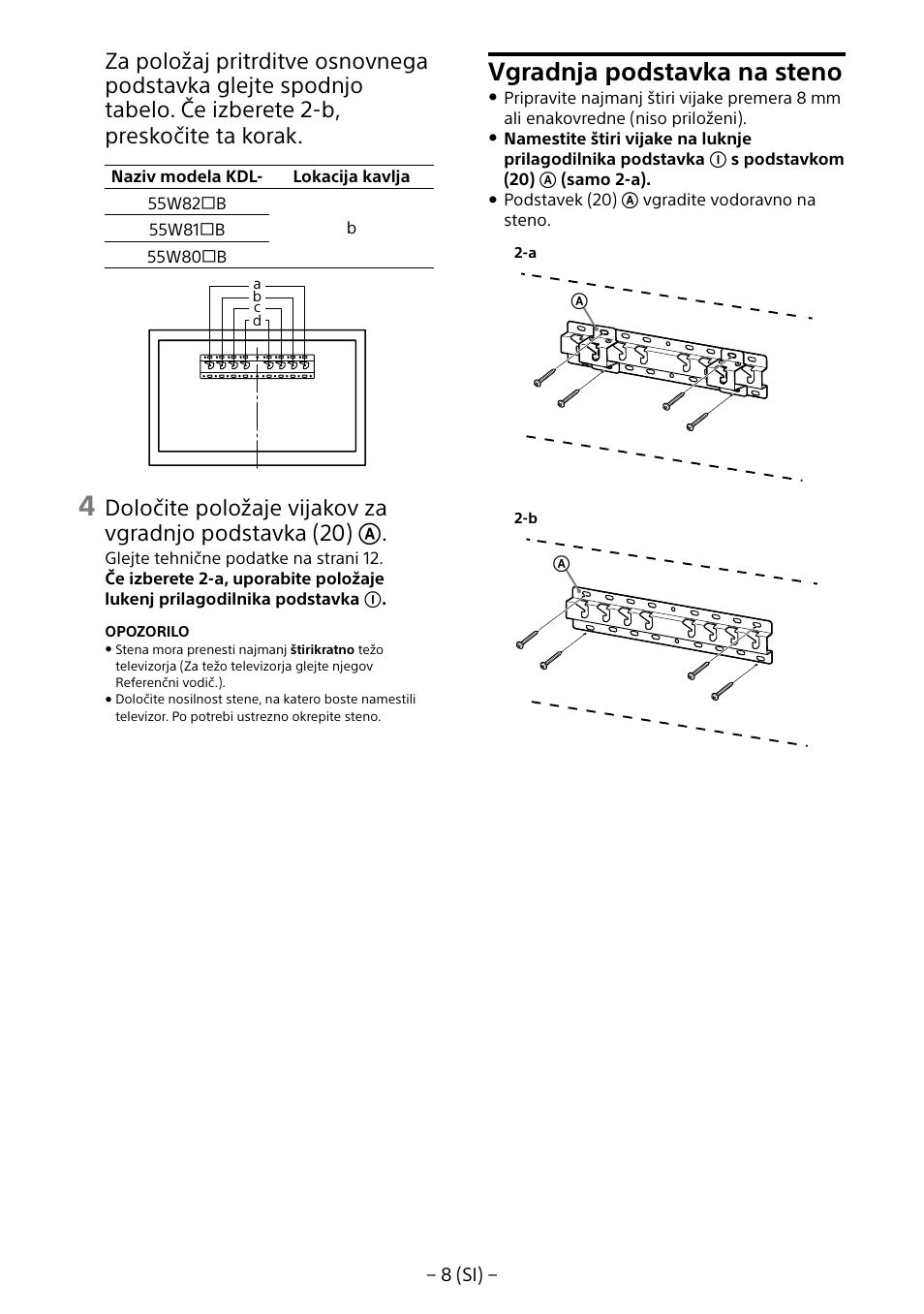 Vgradnja podstavka na steno | Sony KDL-55W805B User Manual | Page 273 / 321