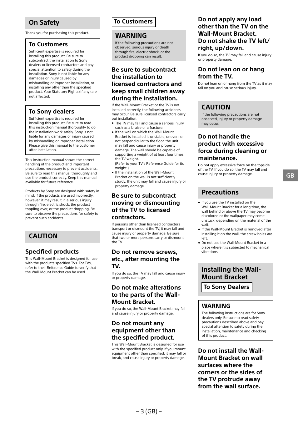 On safety, Caution, Warning | Precautions, Installing the wall- mount bracket, 3 (gb) − gb, Specified products, Do not remove screws, etc., after mounting the tv, Do not lean on or hang from the tv | Sony KDL-55W805B User Manual | Page 3 / 321