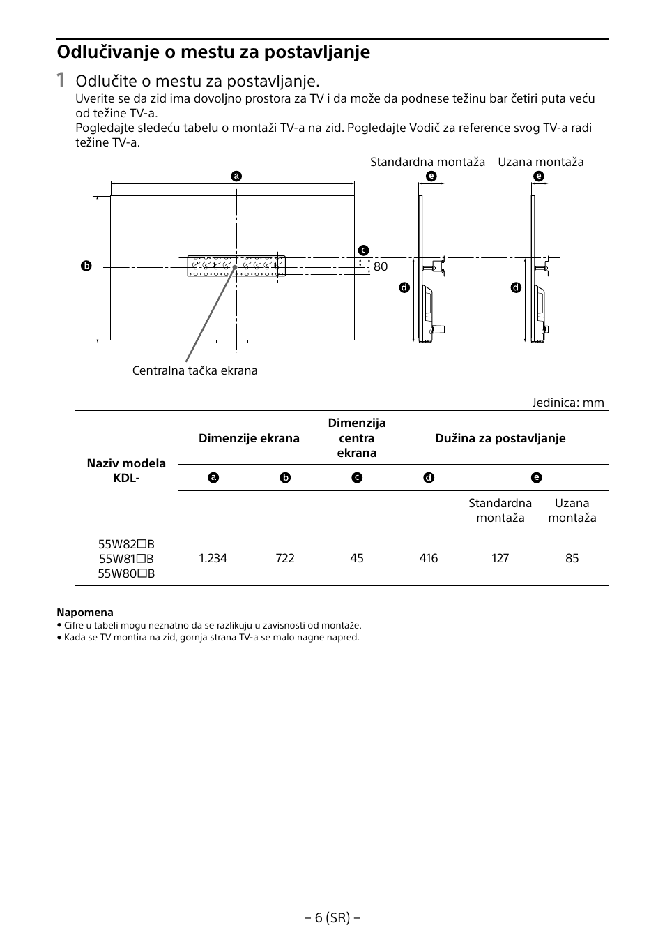 Odlučivanje o mestu za postavljanje, Odlučite o mestu za postavljanje | Sony KDL-55W805B User Manual | Page 304 / 321