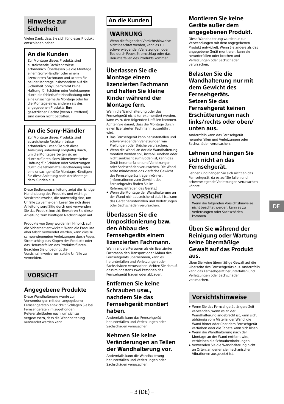 Hinweise zur sicherheit, Vorsicht, Warnung | Vorsichtshinweise, 3 (de) − de, An die kunden, An die sony-händler, Angegebene produkte | Sony KDL-55W805B User Manual | Page 36 / 321