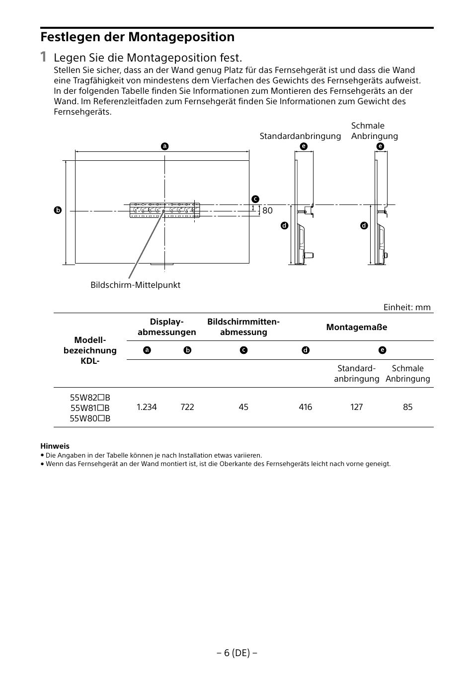 Festlegen der montageposition, Legen sie die montageposition fest | Sony KDL-55W805B User Manual | Page 39 / 321