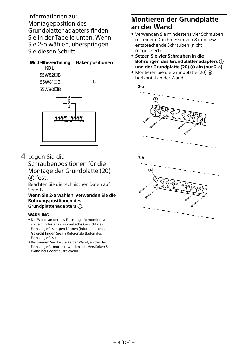 Montieren der grundplatte an der wand | Sony KDL-55W805B User Manual | Page 41 / 321