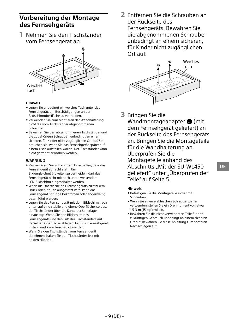 Vorbereitung der montage des fernsehgeräts, Nehmen sie den tischständer vom fernsehgerät ab | Sony KDL-55W805B User Manual | Page 42 / 321