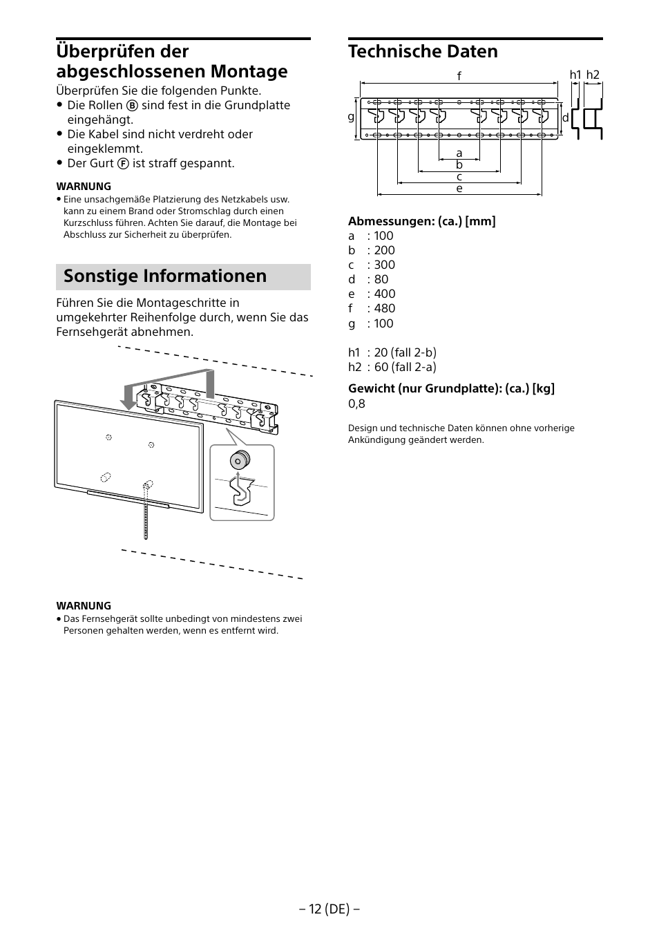 Überprüfen der abgeschlossenen montage, Sonstige informationen, Technische daten | Sony KDL-55W805B User Manual | Page 45 / 321