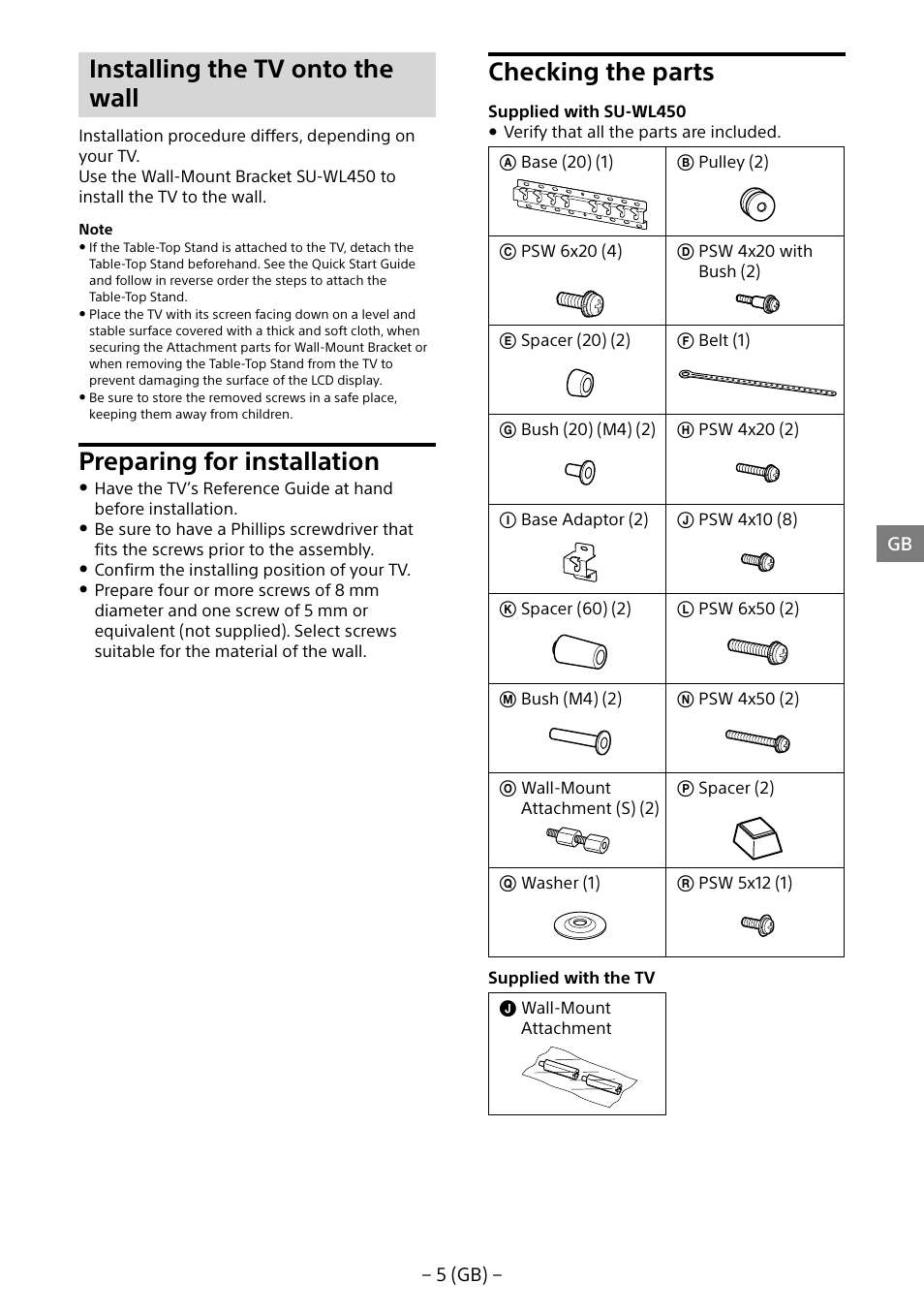 Installing the tv onto the wall, Preparing for installation, Checking the parts | Sony KDL-55W805B User Manual | Page 5 / 321