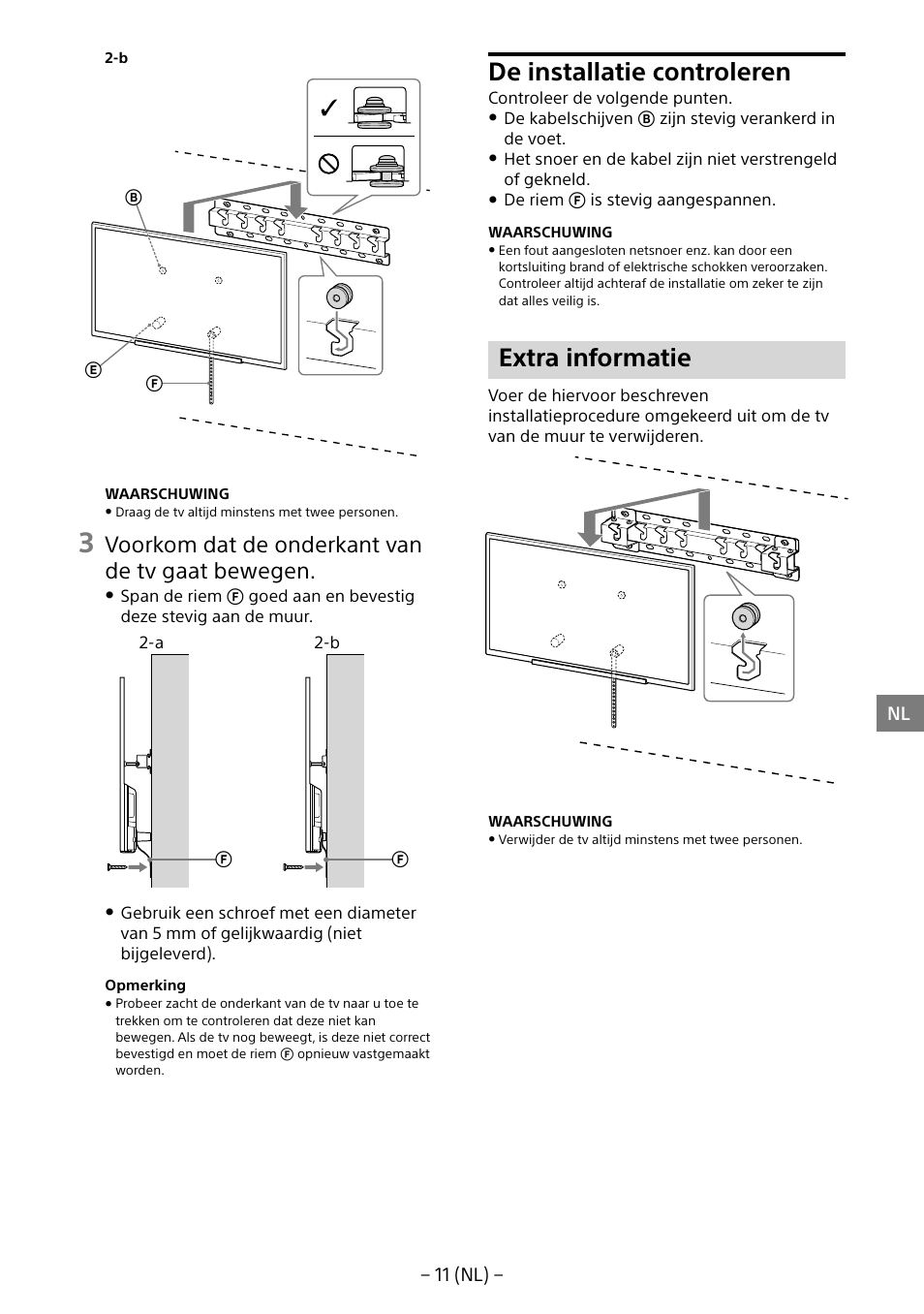 De installatie controleren, Extra informatie, Voorkom dat de onderkant van de tv gaat bewegen | Sony KDL-55W805B User Manual | Page 55 / 321