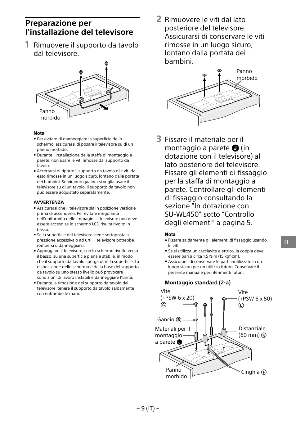 Preparazione per l’installazione del televisore, Rimuovere il supporto da tavolo dal televisore | Sony KDL-55W805B User Manual | Page 64 / 321