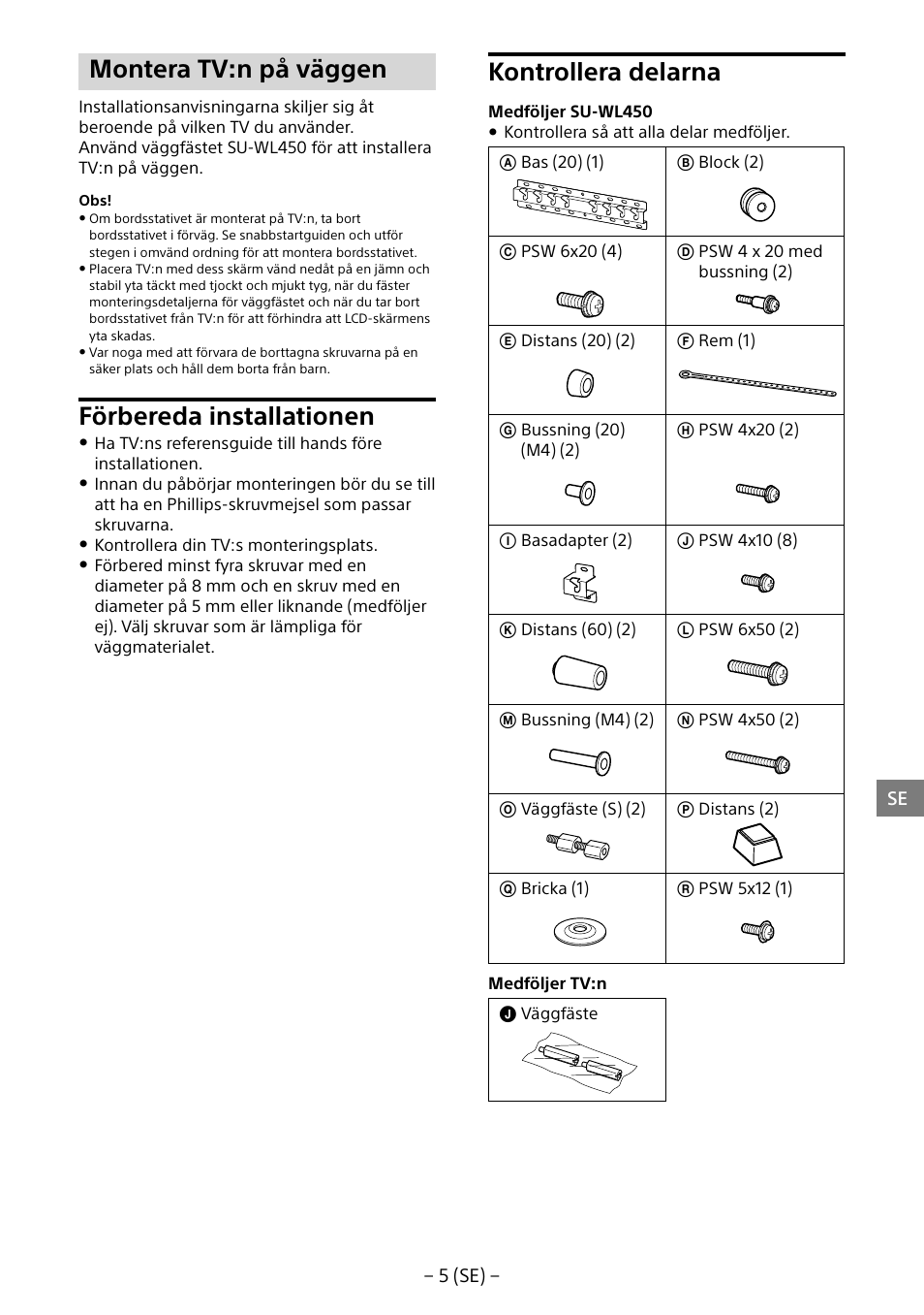 Montera tv:n på väggen, Förbereda installationen, Kontrollera delarna | Sony KDL-55W805B User Manual | Page 71 / 321