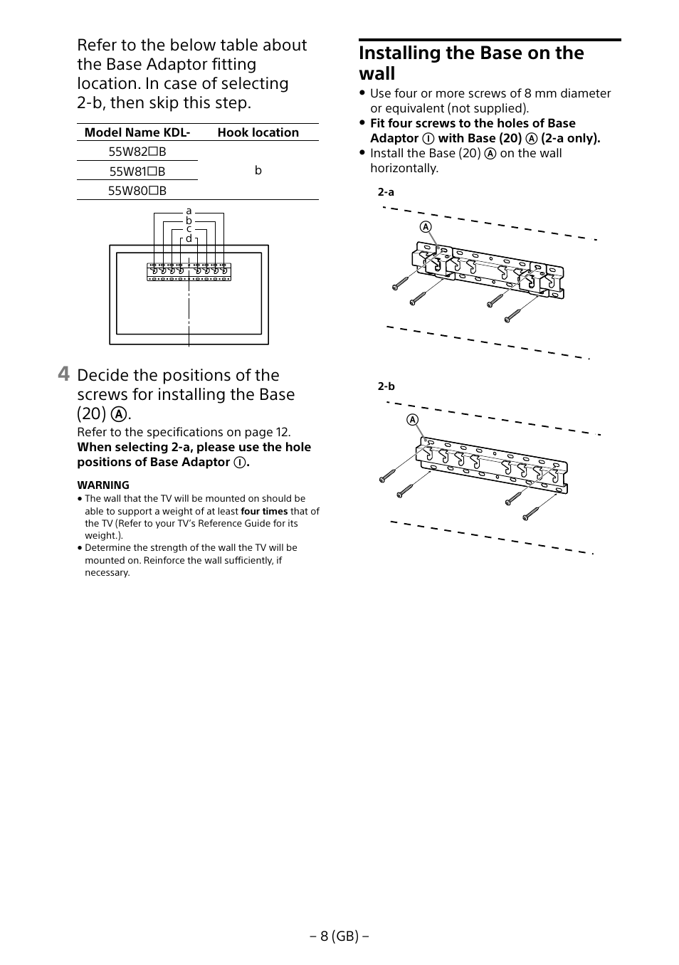 Installing the base on the wall | Sony KDL-55W805B User Manual | Page 8 / 321