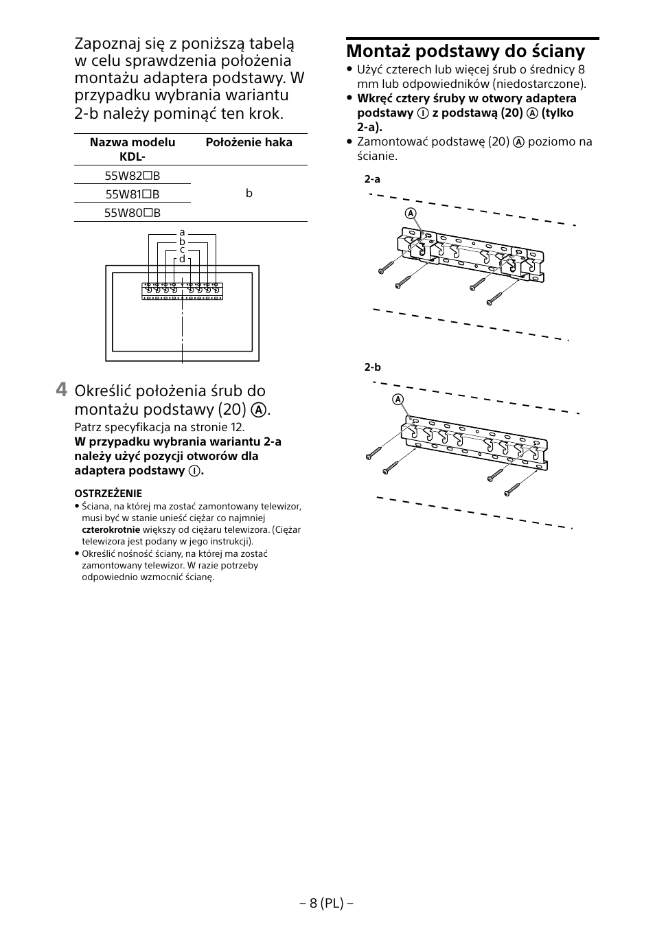 Montaż podstawy do ściany, Określić położenia śrub do montażu podstawy (20) | Sony KDL-55W805B User Manual | Page 85 / 321