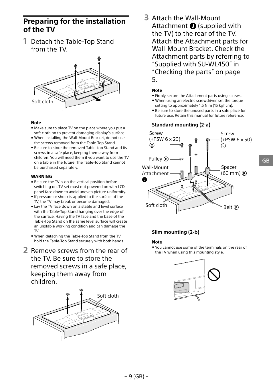 Preparing for the installation of the tv, Detach the table-top stand from the tv | Sony KDL-55W805B User Manual | Page 9 / 321