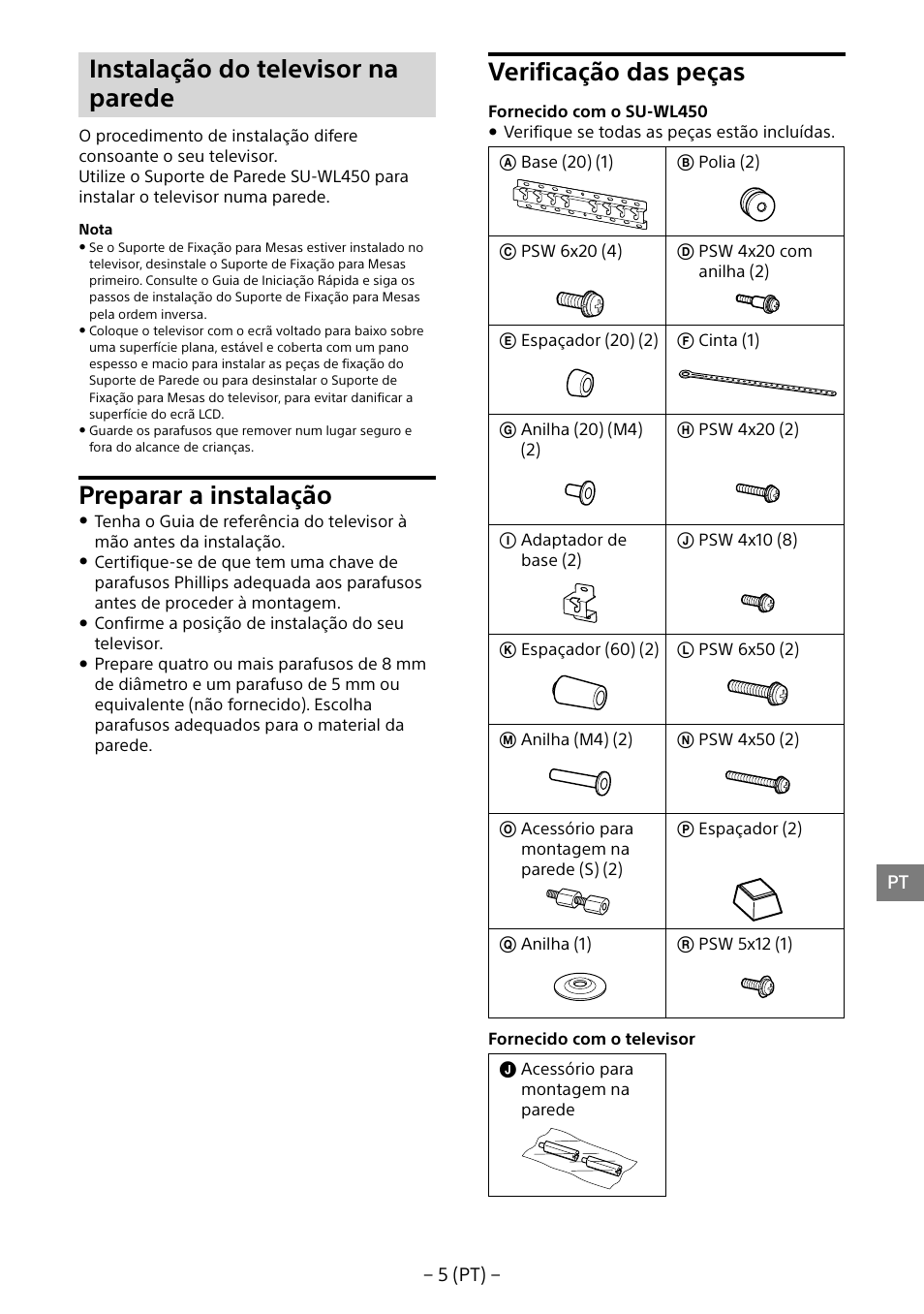 Instalação do televisor na parede, Preparar a instalação, Verificação das peças | Sony KDL-55W805B User Manual | Page 93 / 321
