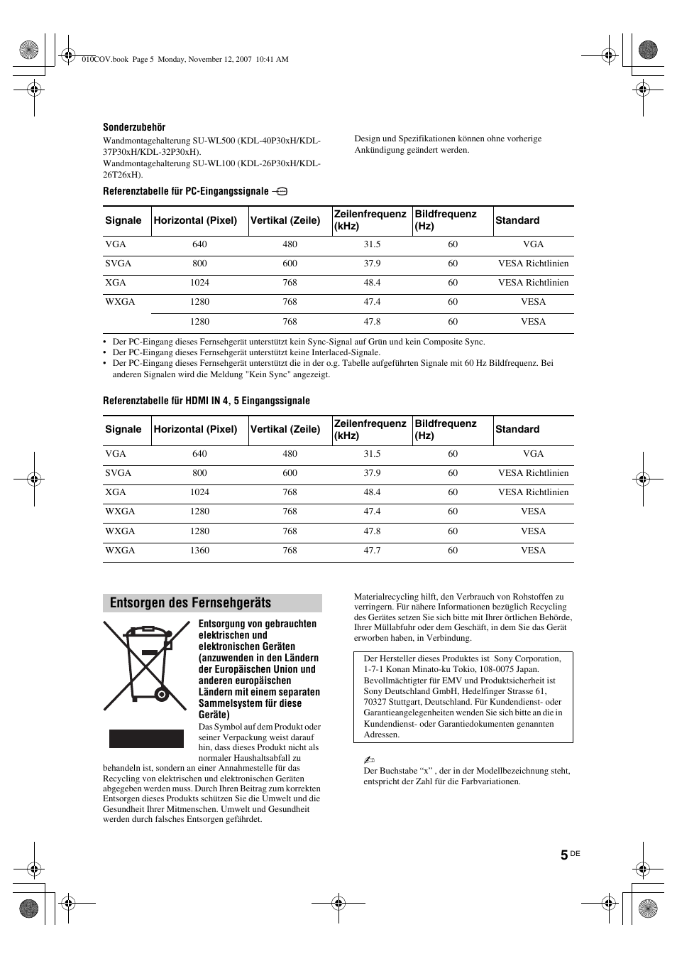 Entsorgen des fernsehgeräts | Sony KDL-40P300H User Manual | Page 11 / 84