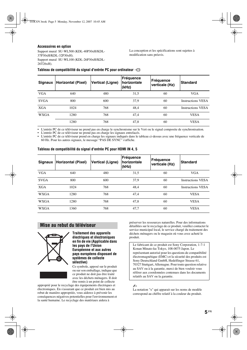Mise au rebut du téléviseur | Sony KDL-40P300H User Manual | Page 15 / 84