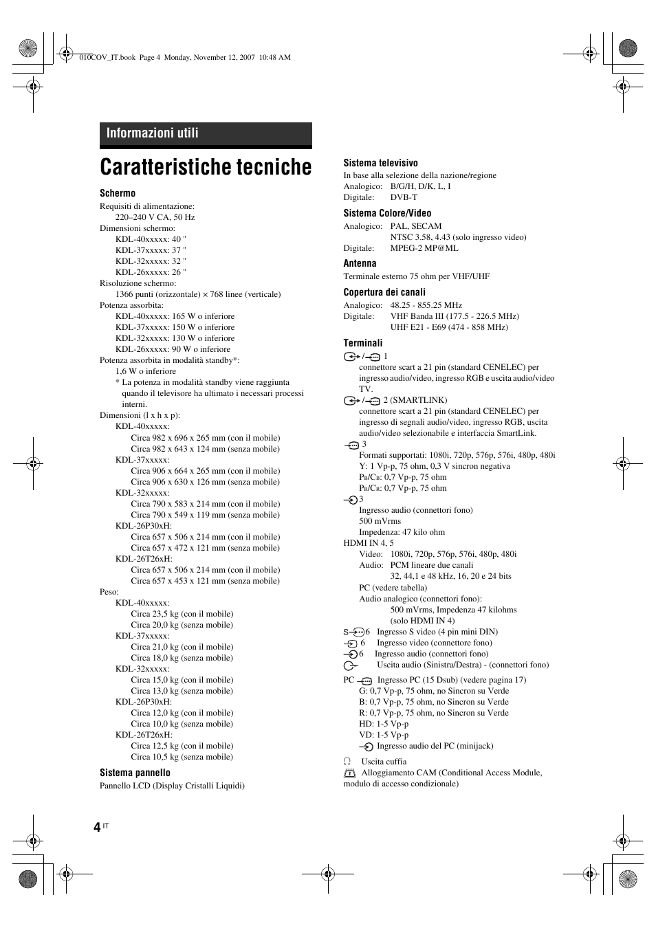 Caratteristiche tecniche, Informazioni utili | Sony KDL-40P300H User Manual | Page 18 / 84
