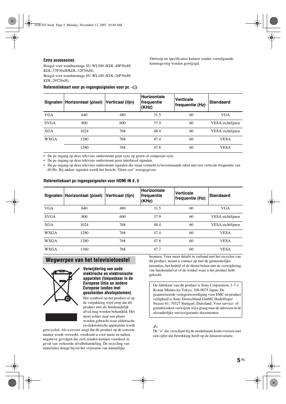 Wegwerpen van het televisietoestel | Sony KDL-40P300H User Manual | Page 25 / 84