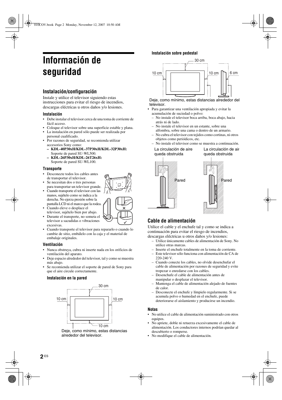 Información de seguridad, Instalación/configuración, Cable de alimentación | Sony KDL-40P300H User Manual | Page 26 / 84