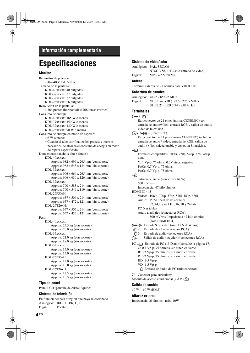 Especificaciones, Información complementaria | Sony KDL-40P300H User Manual | Page 28 / 84