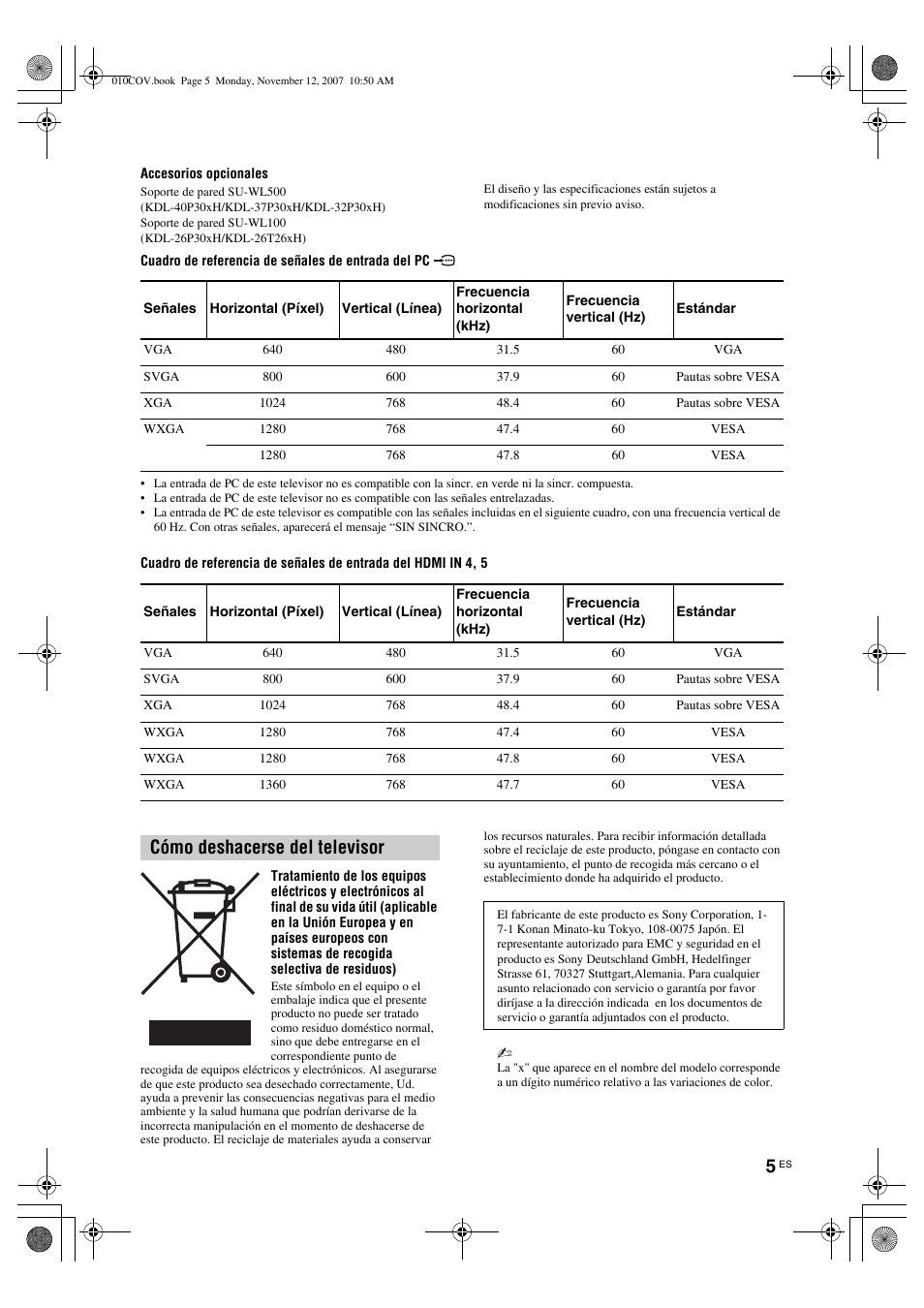 Cómo deshacerse del televisor | Sony KDL-40P300H User Manual | Page 29 / 84