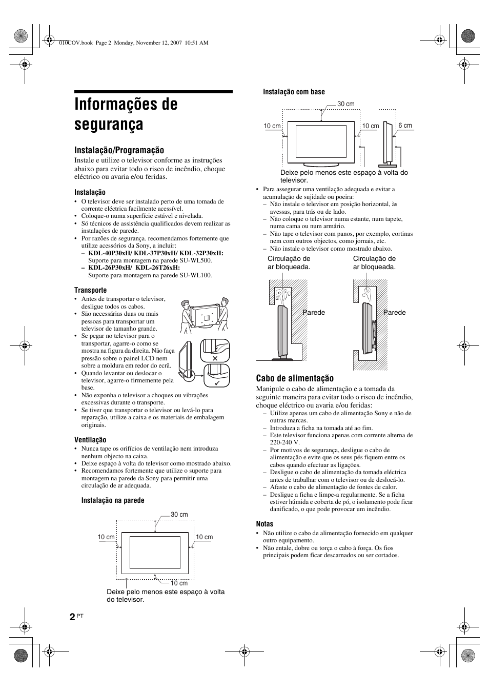 Informações de segurança, Instalação/programação, Cabo de alimentação | Sony KDL-40P300H User Manual | Page 30 / 84
