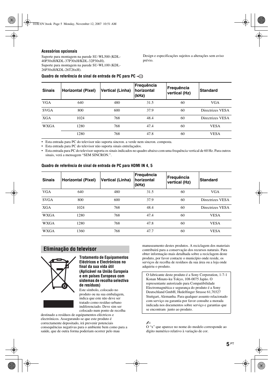 Eliminação do televisor | Sony KDL-40P300H User Manual | Page 33 / 84