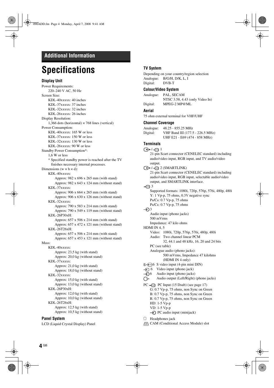 Specifications, Additional information | Sony KDL-40P300H User Manual | Page 4 / 84