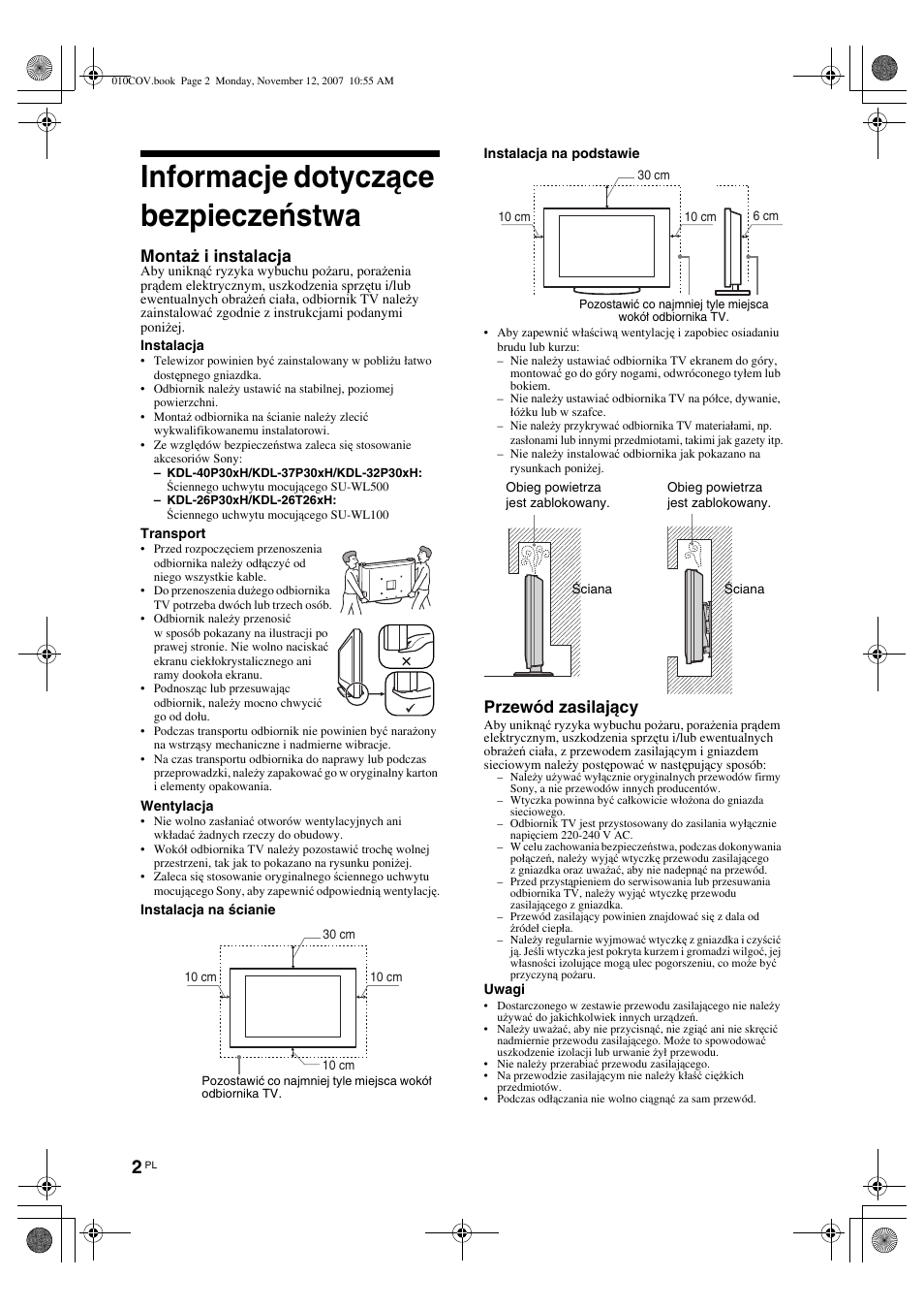 Informacje dotyczące bezpieczeństwa, Montaż i instalacja, Przewód zasilający | Sony KDL-40P300H User Manual | Page 46 / 84