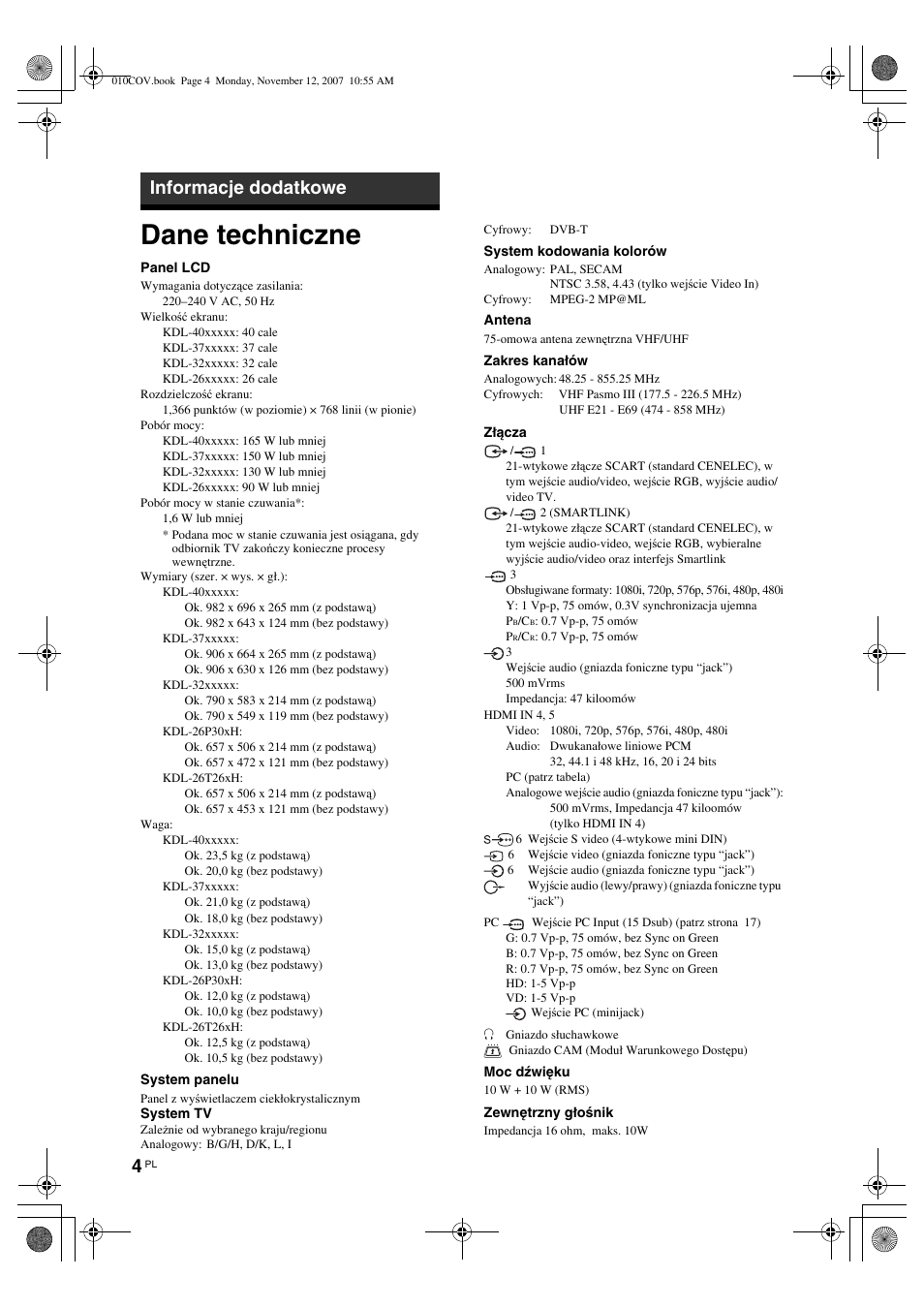 Dane techniczne, Informacje dodatkowe | Sony KDL-40P300H User Manual | Page 48 / 84