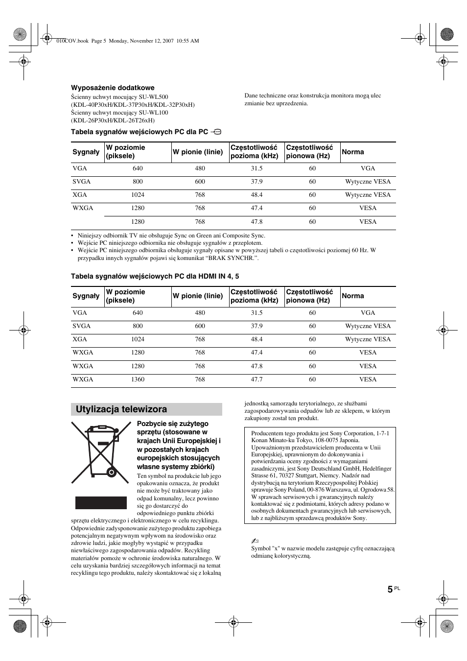 Utylizacja telewizora | Sony KDL-40P300H User Manual | Page 49 / 84
