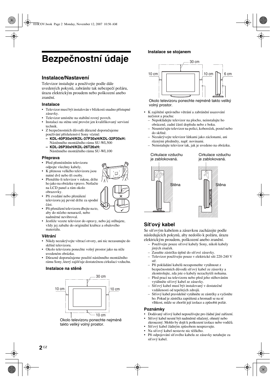 Bezpečnostní údaje, Instalace/nastavení, Sít'ový kabel | Sony KDL-40P300H User Manual | Page 50 / 84