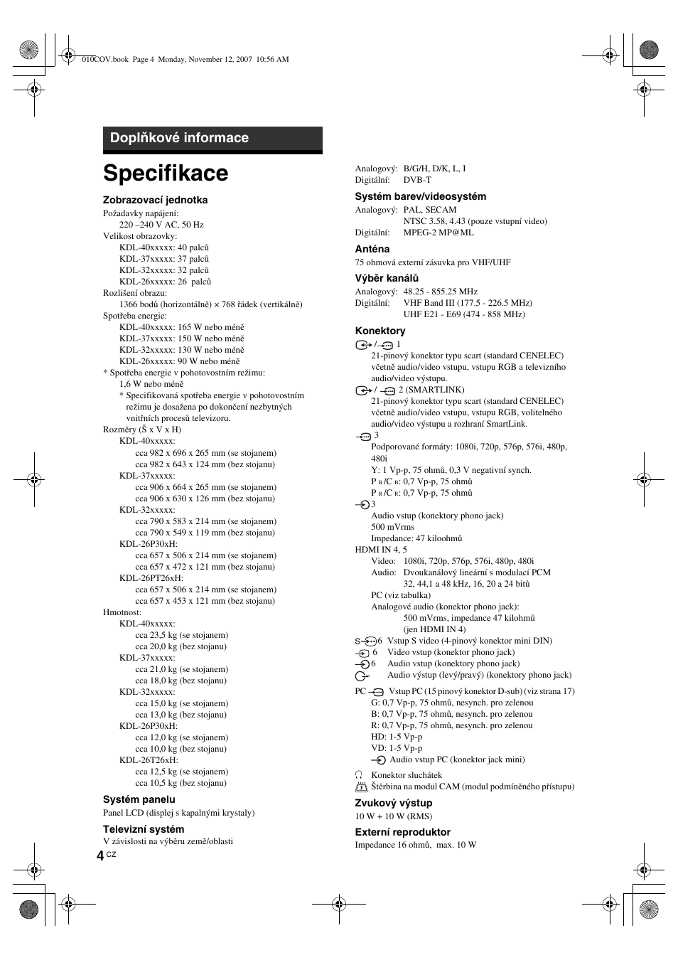 Specifikace, Doplňkové informace | Sony KDL-40P300H User Manual | Page 52 / 84