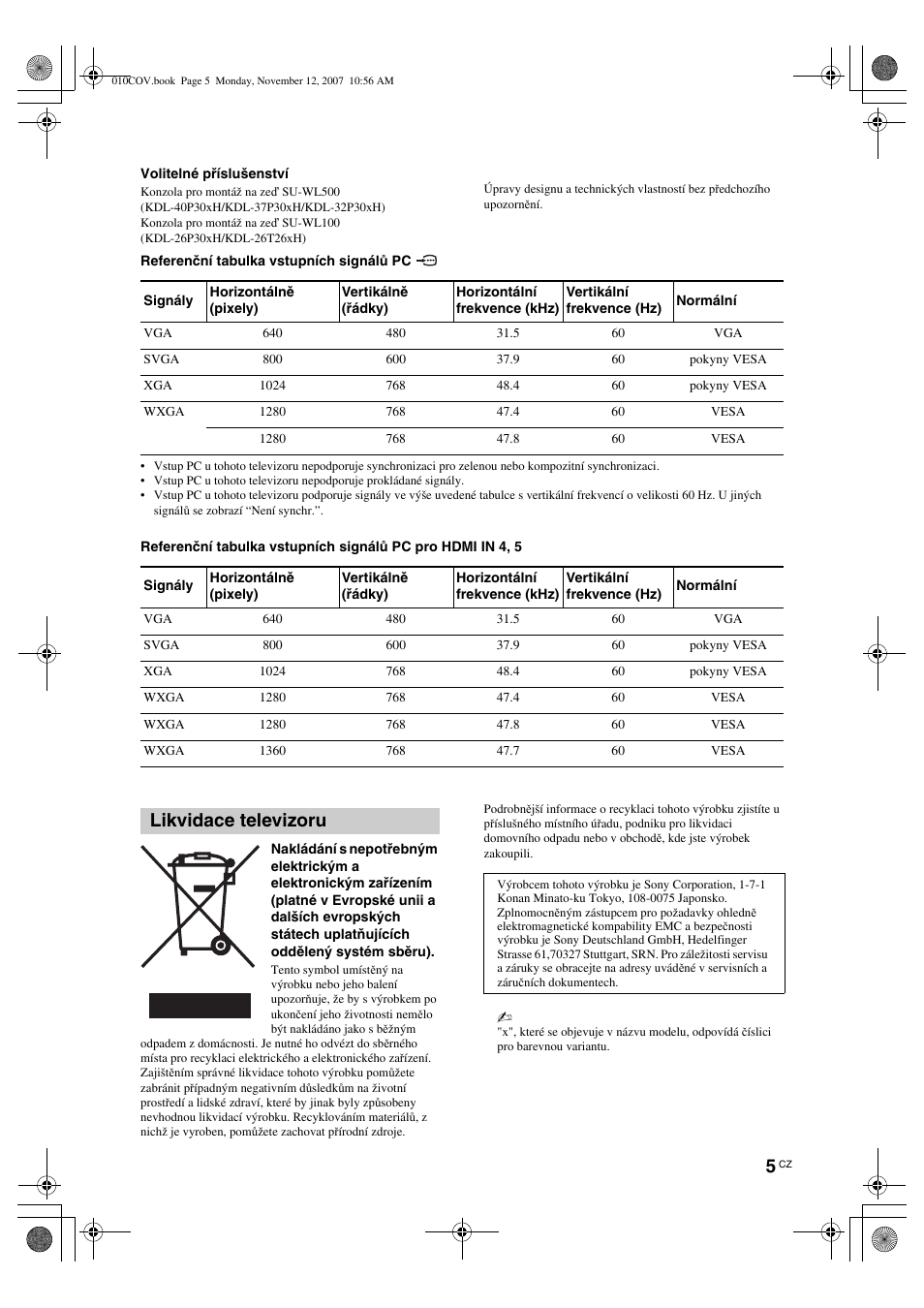 Likvidace televizoru | Sony KDL-40P300H User Manual | Page 53 / 84