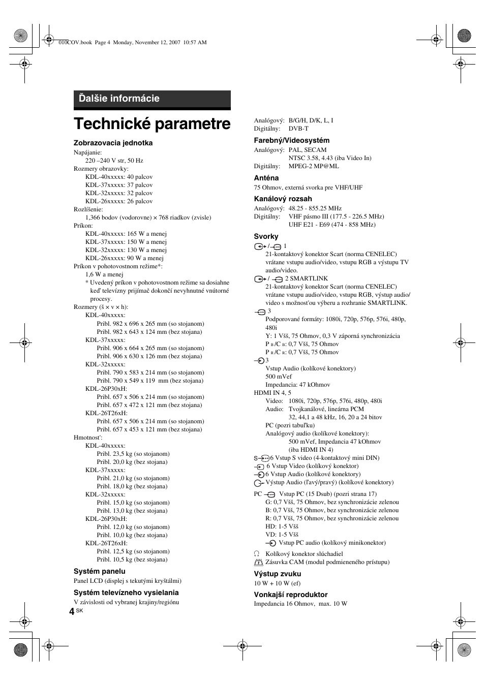 Technické parametre, Ďalšie informácie | Sony KDL-40P300H User Manual | Page 56 / 84