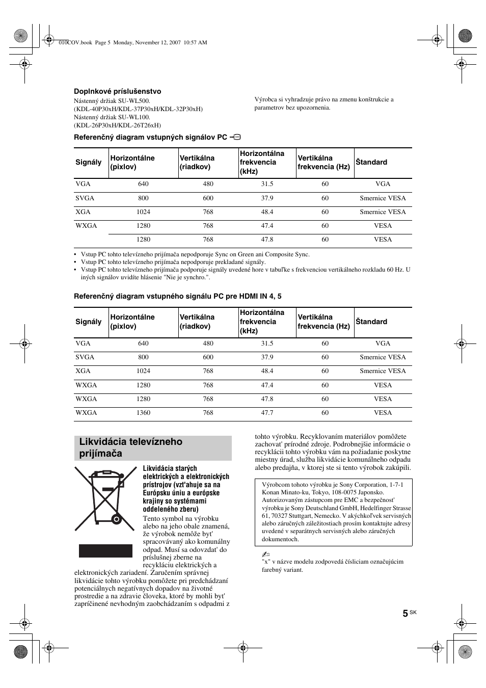 Likvidácia televízneho prijímača | Sony KDL-40P300H User Manual | Page 57 / 84