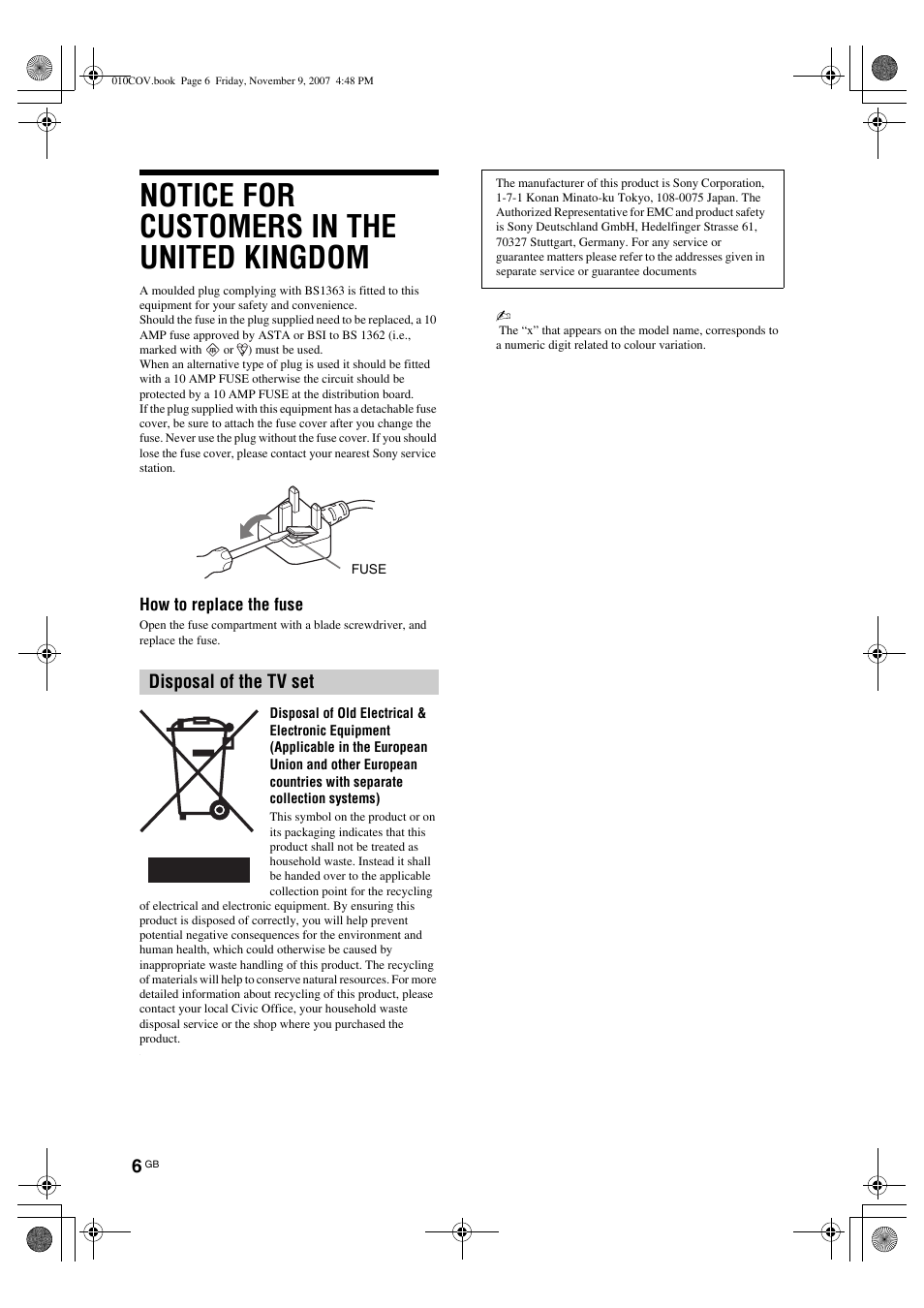 Notice for customers in the united kingdom, Disposal of the tv set | Sony KDL-40P300H User Manual | Page 6 / 84
