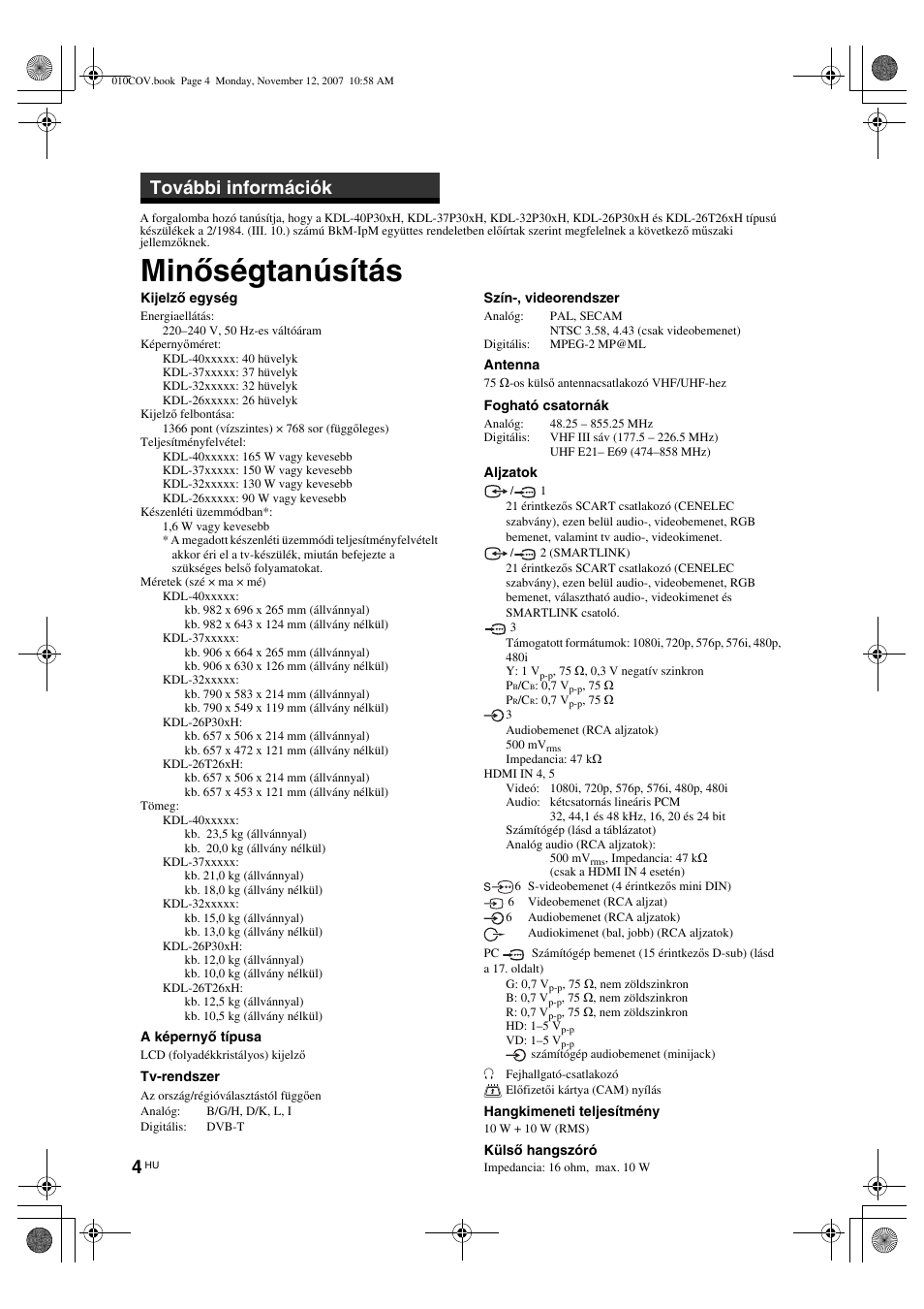 Minőségtanúsítás, További információk | Sony KDL-40P300H User Manual | Page 60 / 84