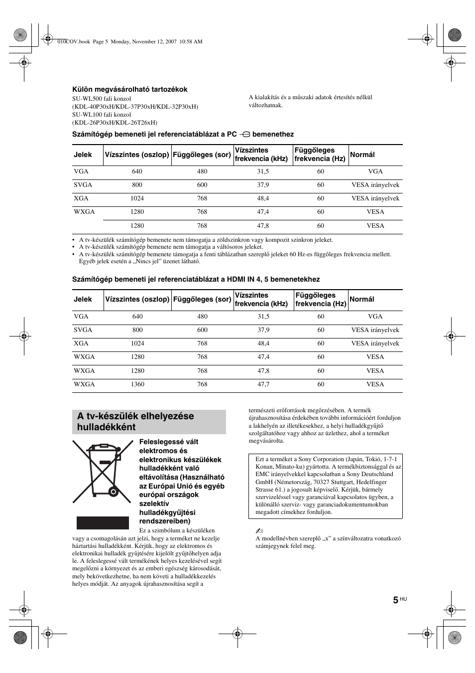 A tv-készülék elhelyezése hulladékként | Sony KDL-40P300H User Manual | Page 61 / 84