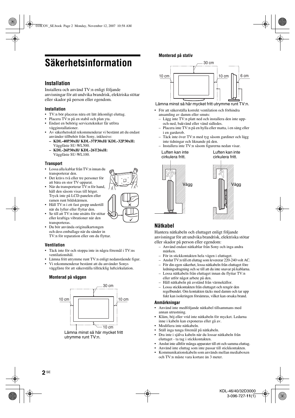 Säkerhetsinformation, Installation, Nätkabel | Sony KDL-40P300H User Manual | Page 62 / 84