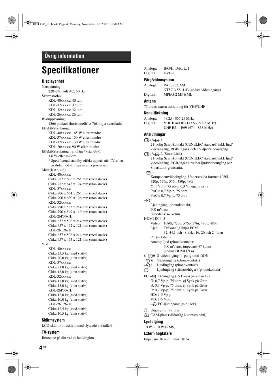 Specifikationer, Övrig information | Sony KDL-40P300H User Manual | Page 64 / 84