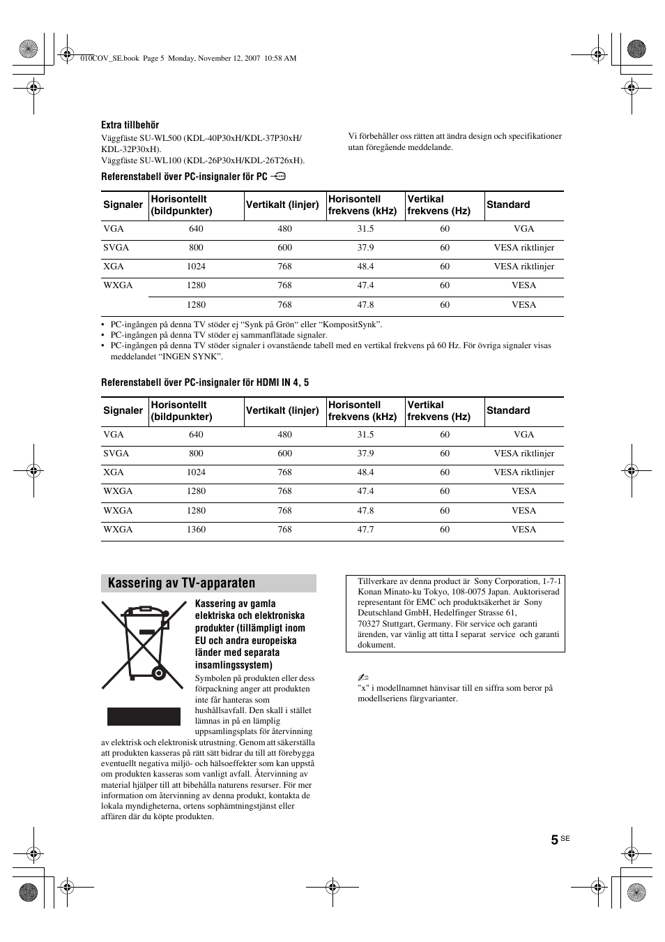 Kassering av tv-apparaten | Sony KDL-40P300H User Manual | Page 65 / 84