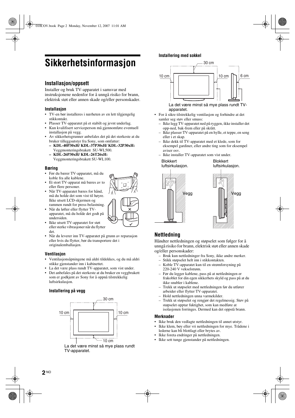 Sikkerhetsinformasjon, Installasjon/oppsett, Nettledning | Sony KDL-40P300H User Manual | Page 74 / 84