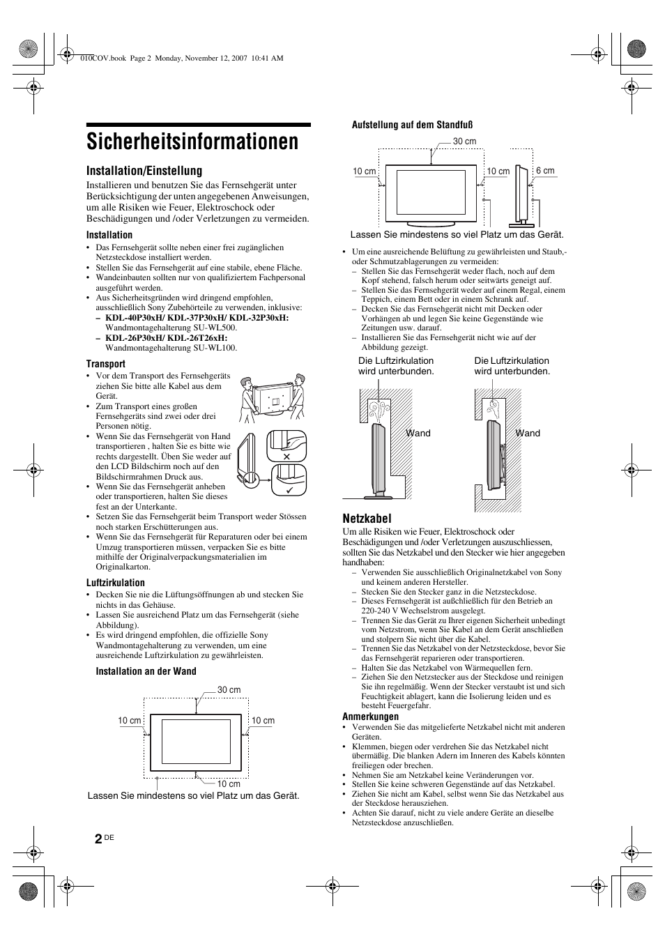 Sicherheitsinformationen, Installation/einstellung, Netzkabel | Sony KDL-40P300H User Manual | Page 8 / 84