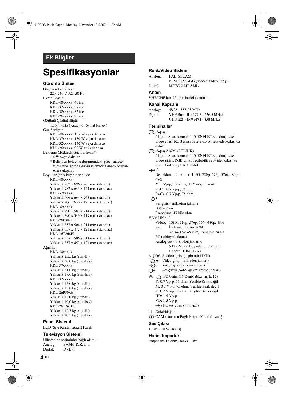 Spesifikasyonlar, Ek bilgiler | Sony KDL-40P300H User Manual | Page 80 / 84