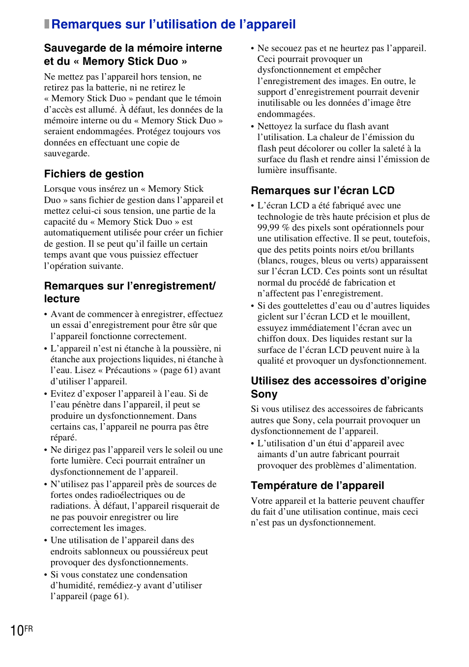 X remarques sur l’utilisation de l’appareil, Remarques sur l’utilisation de l’appareil, Xremarques sur l’utilisation de l’appareil | Sony DSC-T90 User Manual | Page 10 / 120