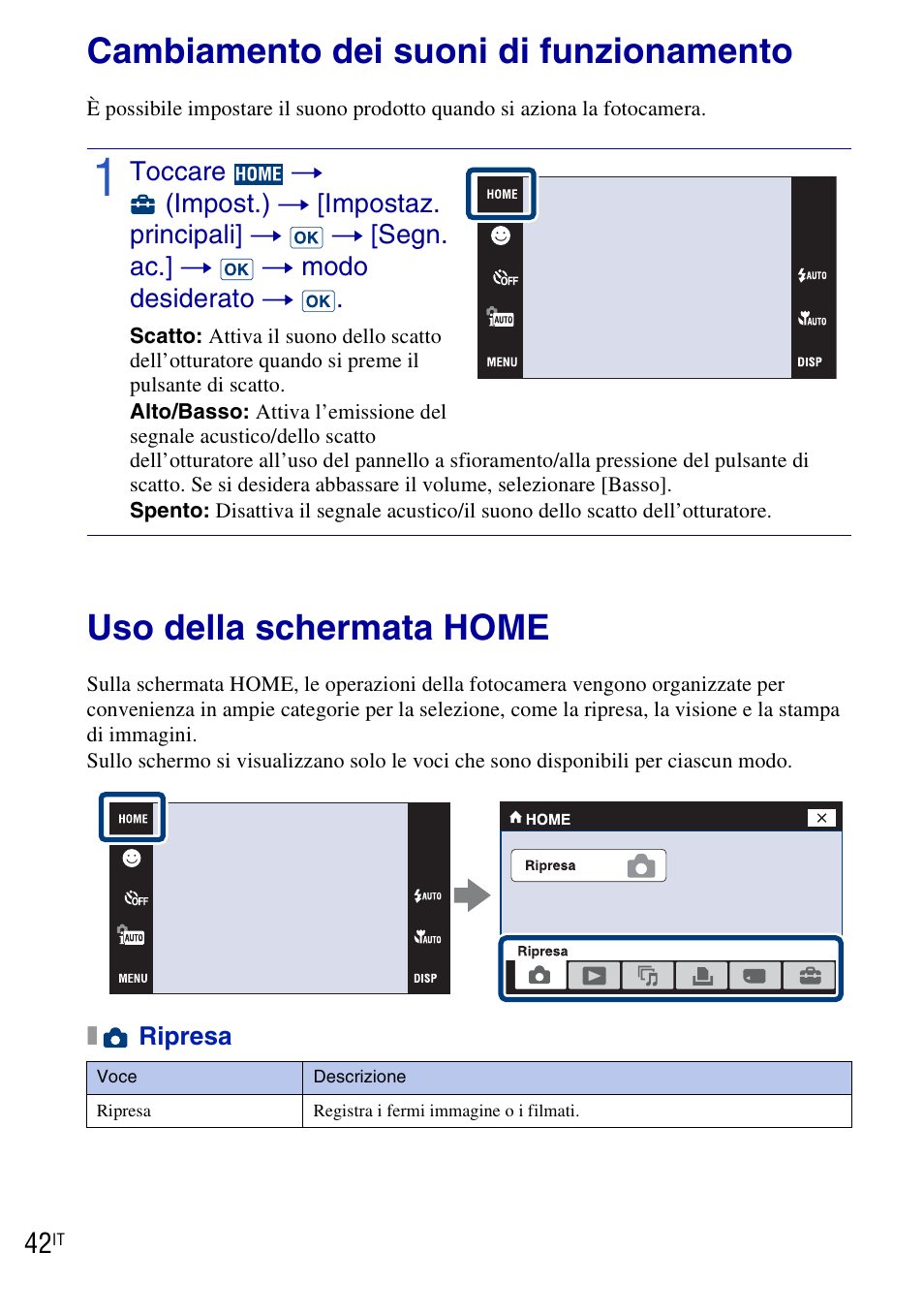 Cambiamento delle impostazioni della fotocamera, Cambiamento dei suoni di funzionamento, Uso della schermata home | Sony DSC-T90 User Manual | Page 104 / 120
