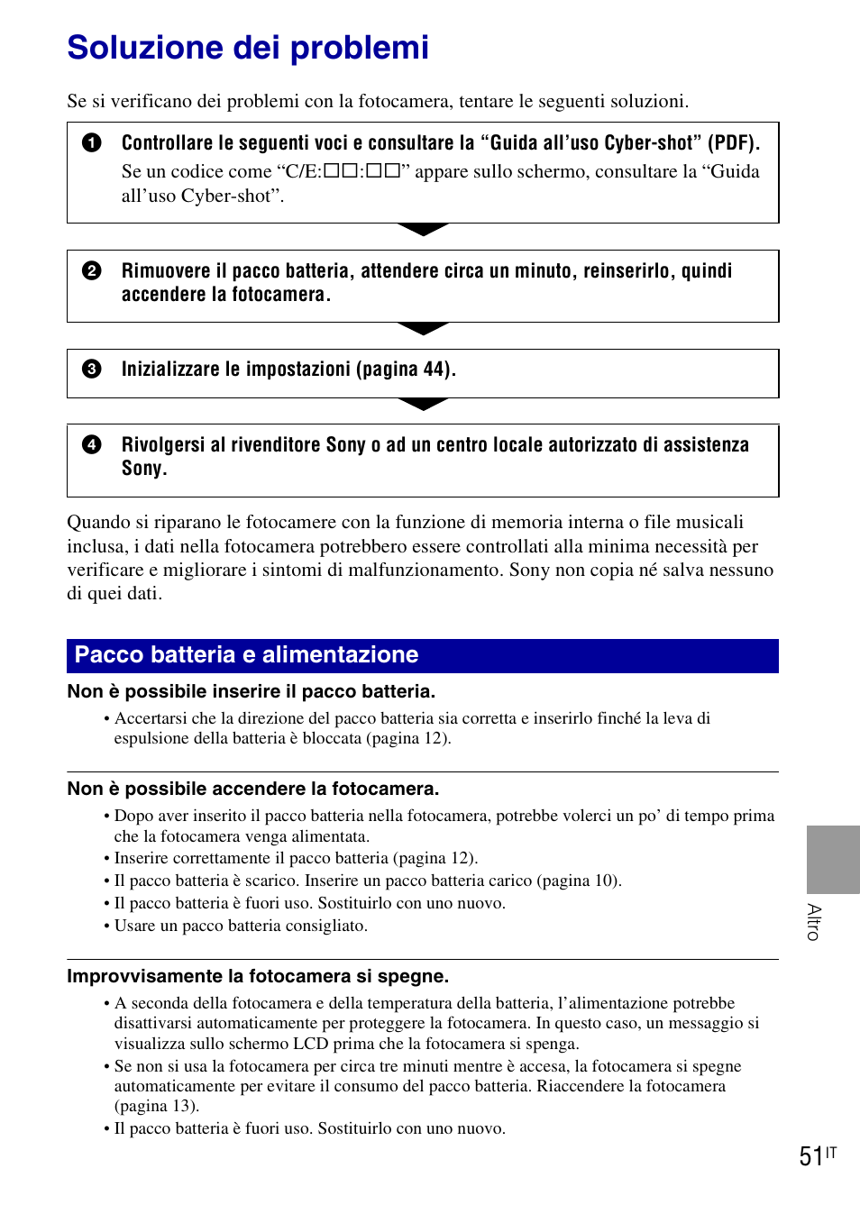 Soluzione dei problemi, Pacco batteria e alimentazione | Sony DSC-T90 User Manual | Page 113 / 120