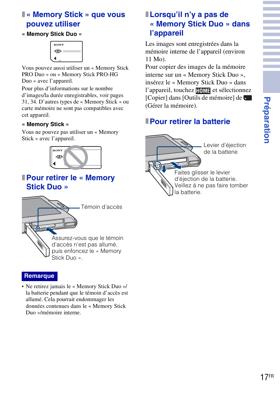 Pr éparat ion 17, Xpour retirer la batterie | Sony DSC-T90 User Manual | Page 17 / 120
