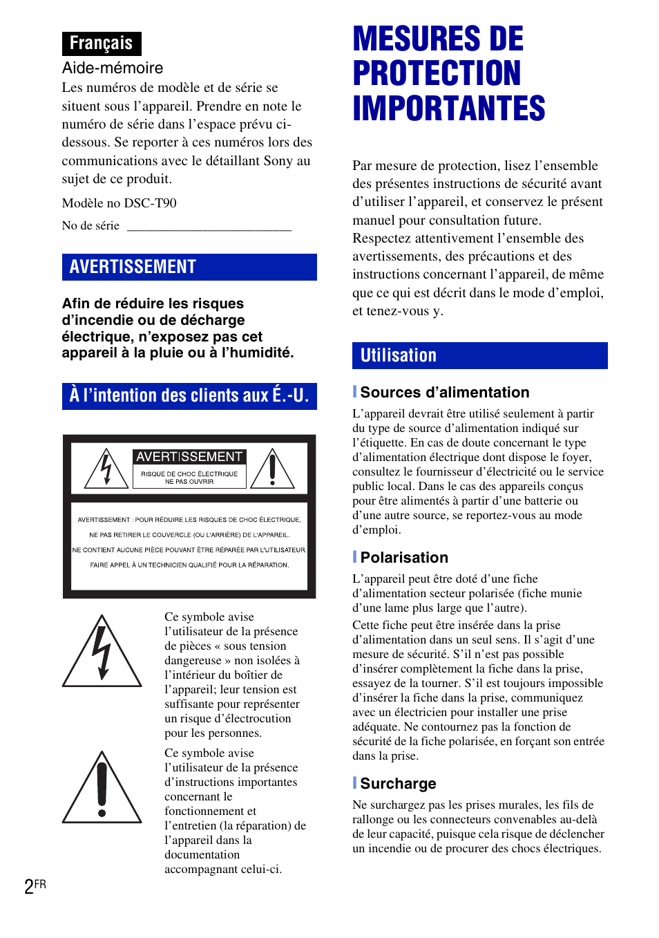 Français, Mesures de protection importantes, Utilisation | Sony DSC-T90 User Manual | Page 2 / 120